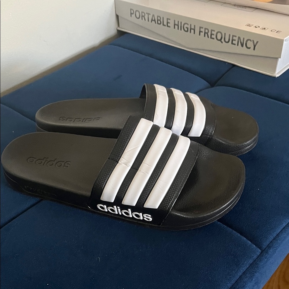 Adidas Black and White Striped Slides
